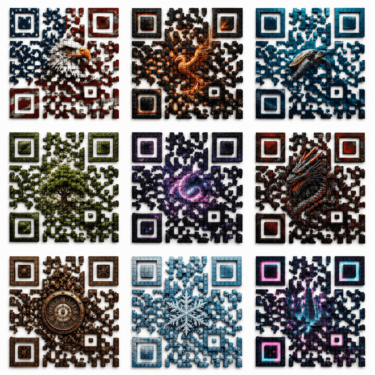 AuthiChain QRON gallery — phoenix, dragon, tree of life, eagle, snowflake, galaxy, clock, prism